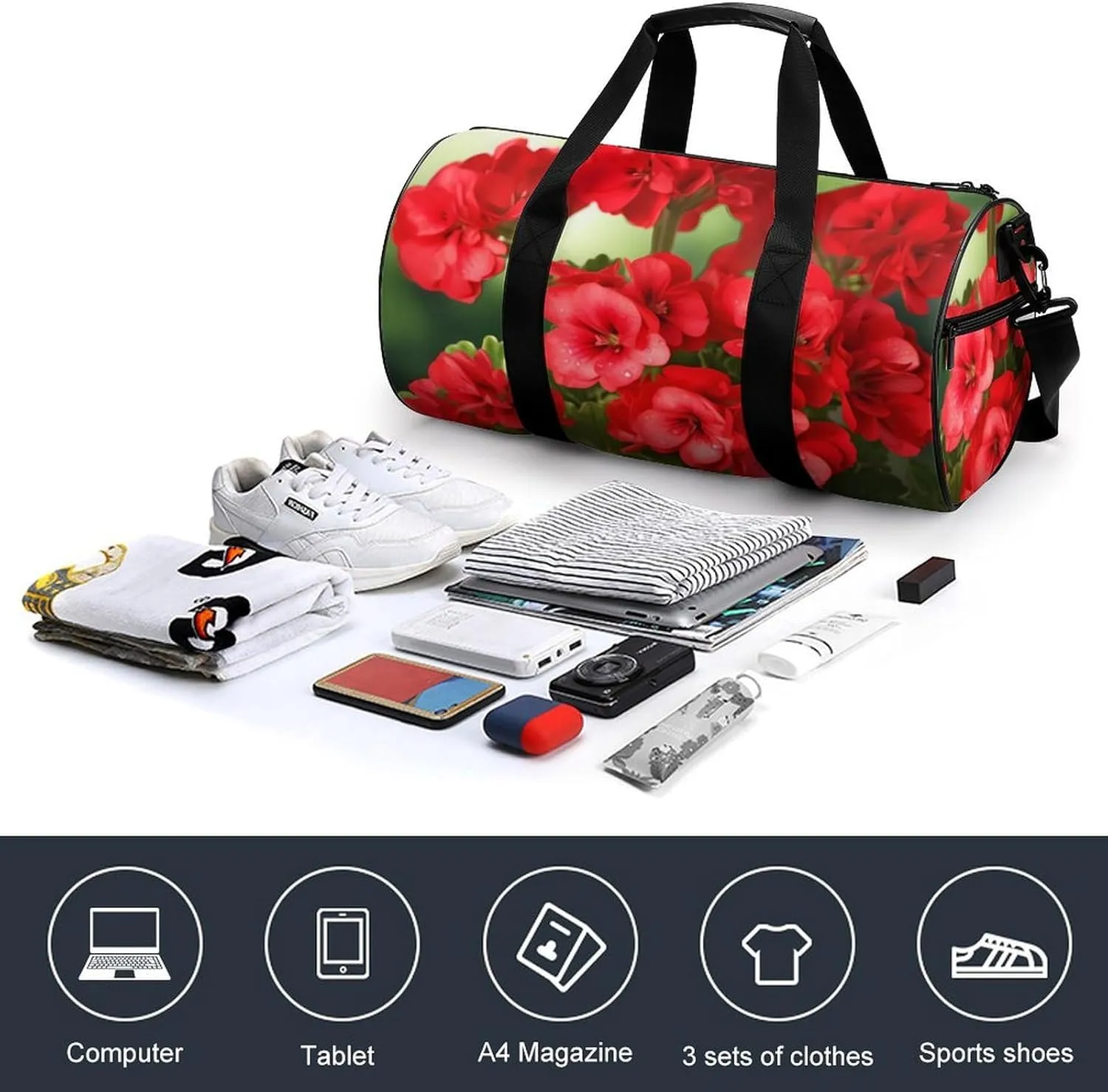 Red Geraniums Duffel Bag for Men Women Gym Bag Sports Small Overnight Bag for Travel Weekender, 17.7in/9in/9in, XB0606009