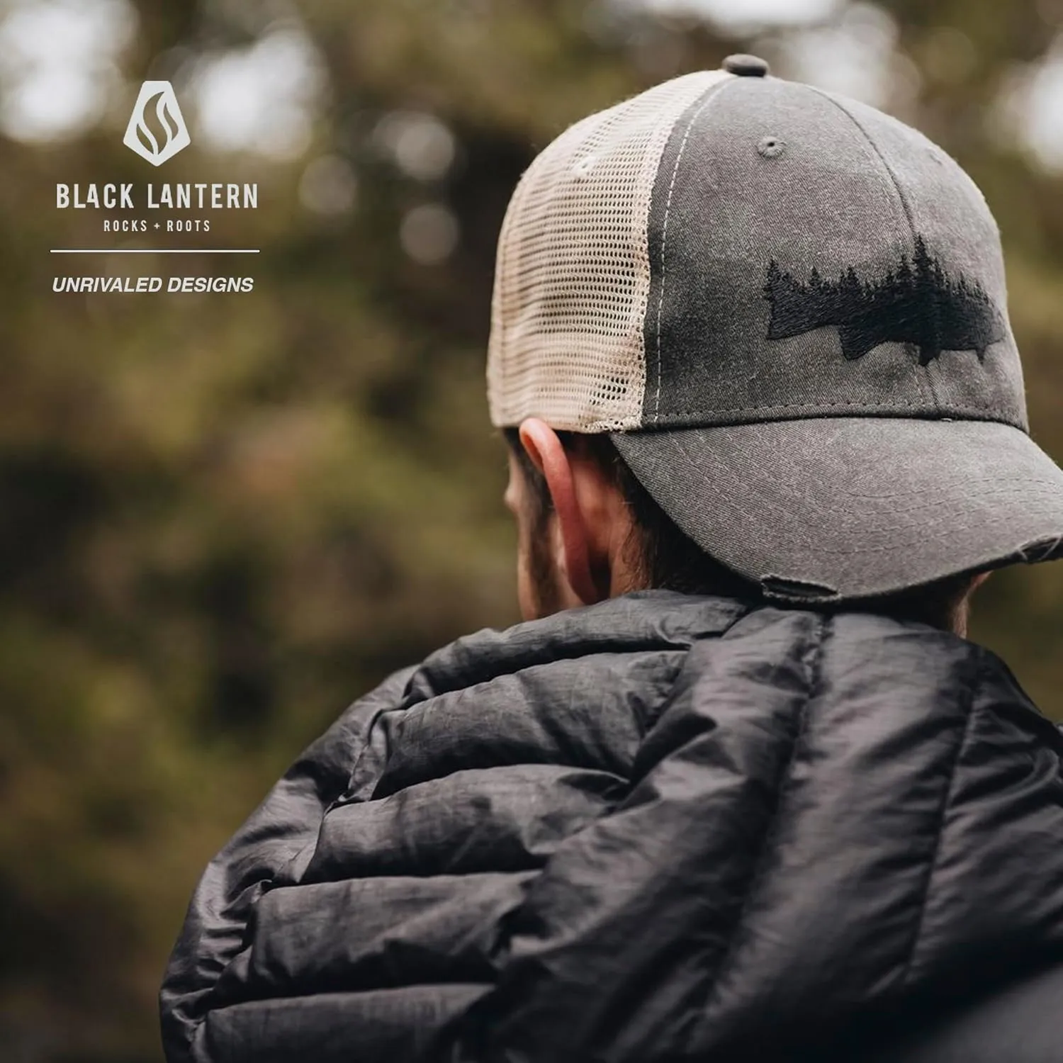 Retro Peaks Baseball Cap – Vintage Mountain Hat with Flat or Curved Bill – Black Lantern