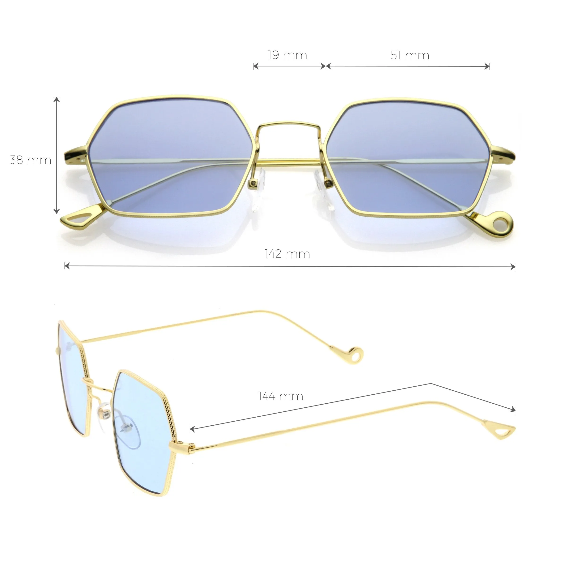 Retro Small Hexagon Colored Flat Lens Metal Frame Sunglasses