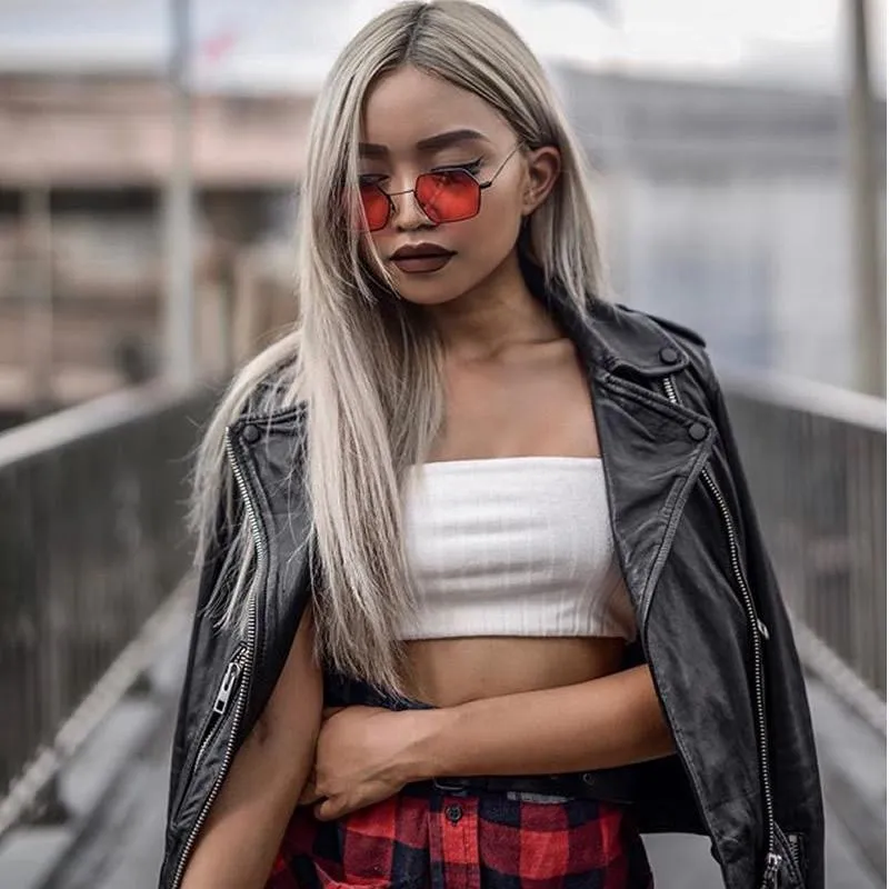 Retro Small Hexagon Colored Flat Lens Metal Frame Sunglasses