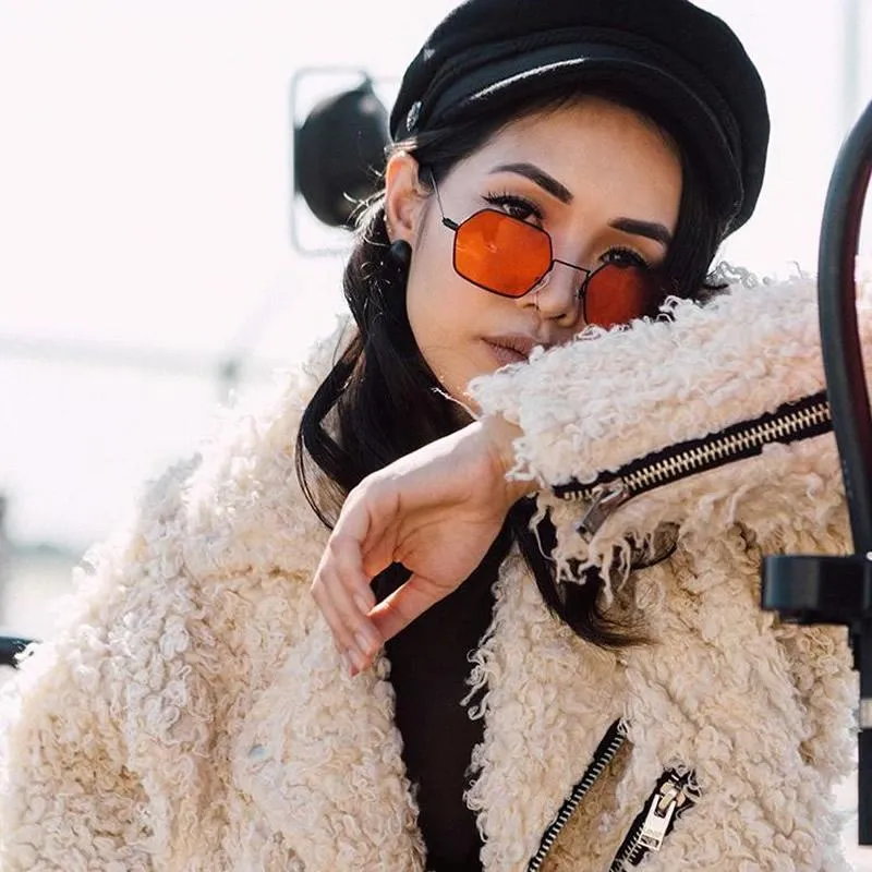 Retro Small Hexagon Colored Flat Lens Metal Frame Sunglasses
