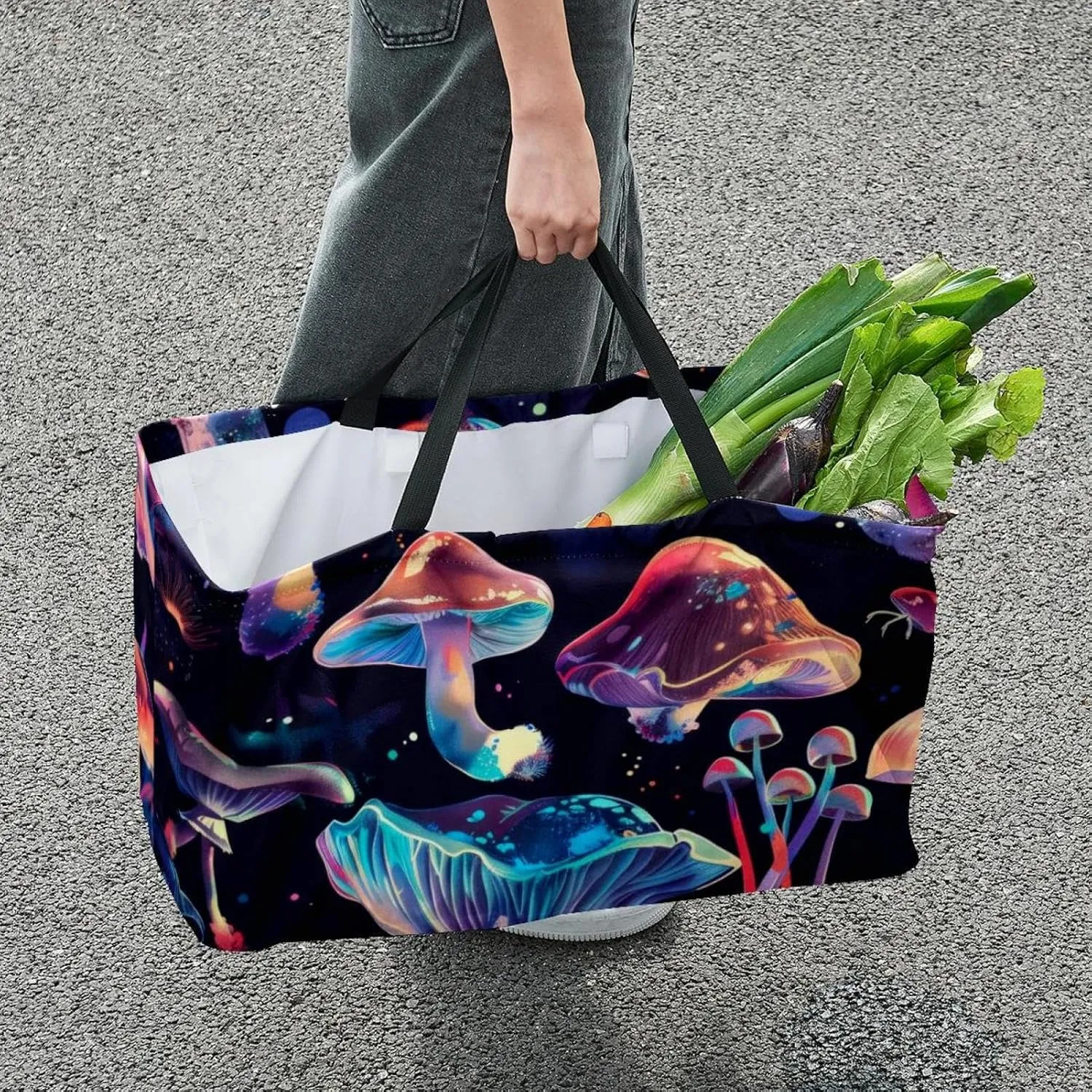 Reusable Grocery Bag Heavy Duty Shopping Tote Bag Foldable with Reinforced Handle, Funny Dancing Skeletons