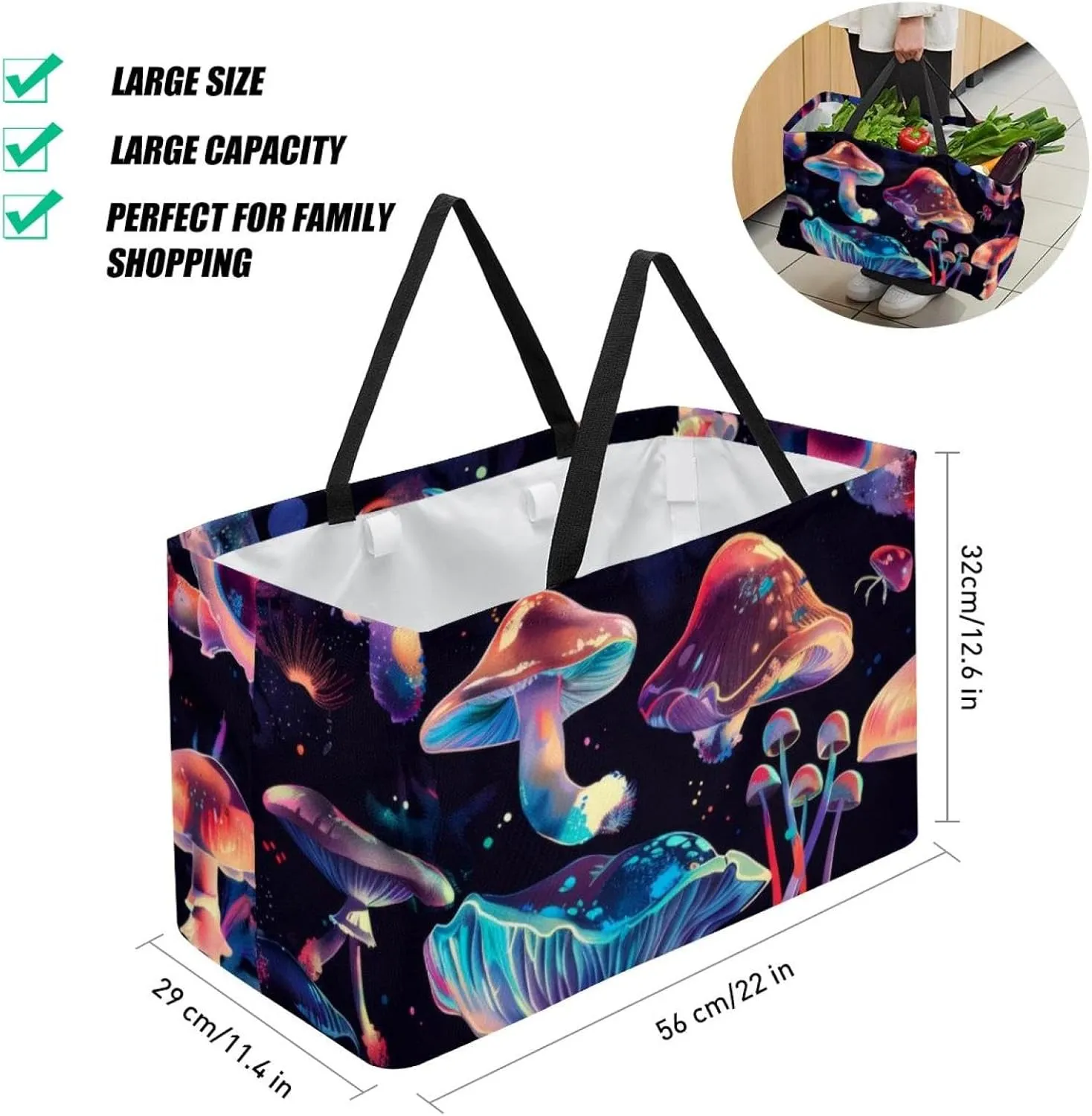 Reusable Grocery Bag Heavy Duty Shopping Tote Bag Foldable with Reinforced Handle, Funny Dancing Skeletons