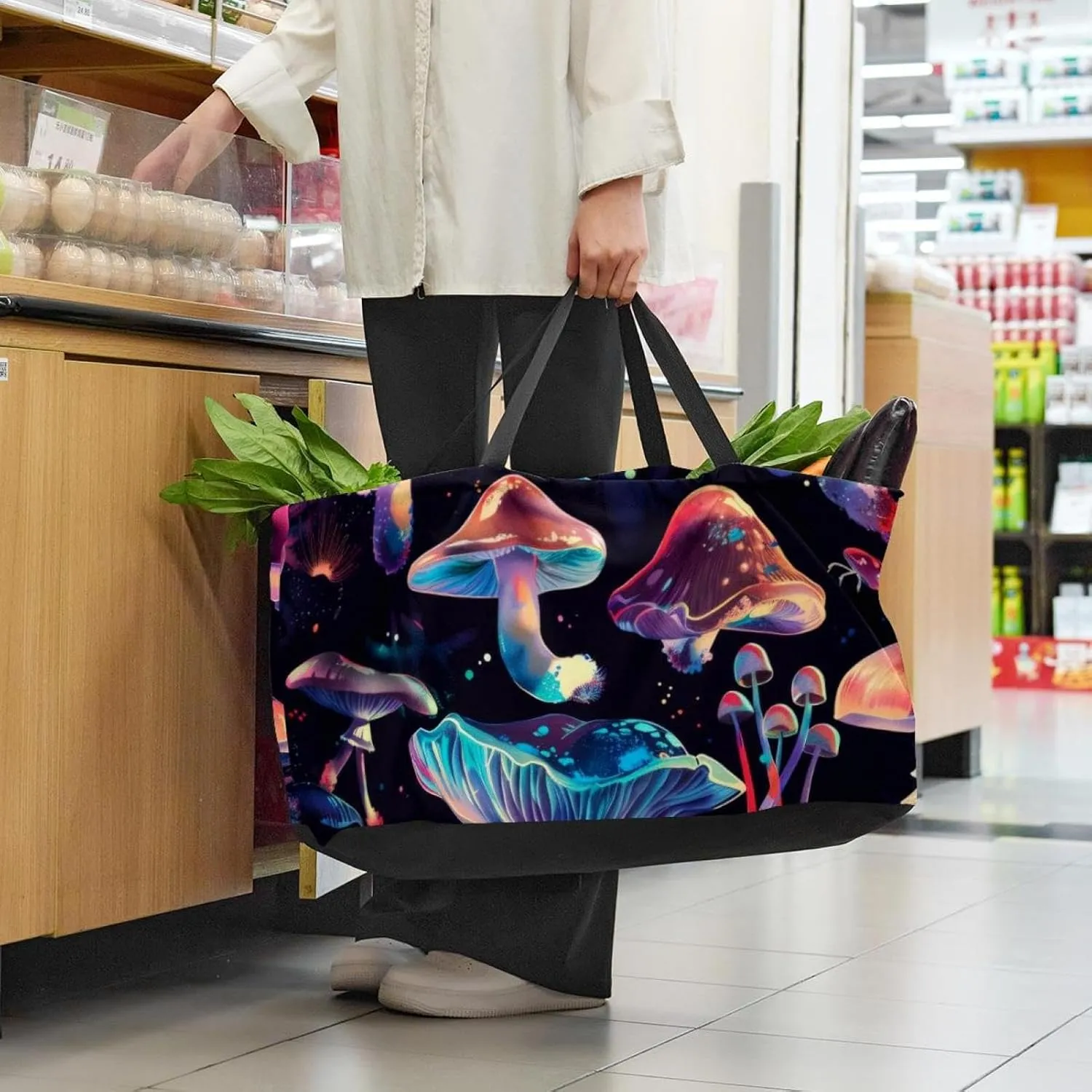 Reusable Grocery Bag Heavy Duty Shopping Tote Bag Foldable with Reinforced Handle, Funny Dancing Skeletons