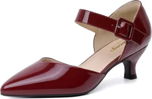 RIBONGZ Comfortable Kitten Heels for Women Pointed Closed Toe Ankle Strap Buckle Heels Slip on Low Heel Church Pumps Wedding Bridal Party Dressy Shoes