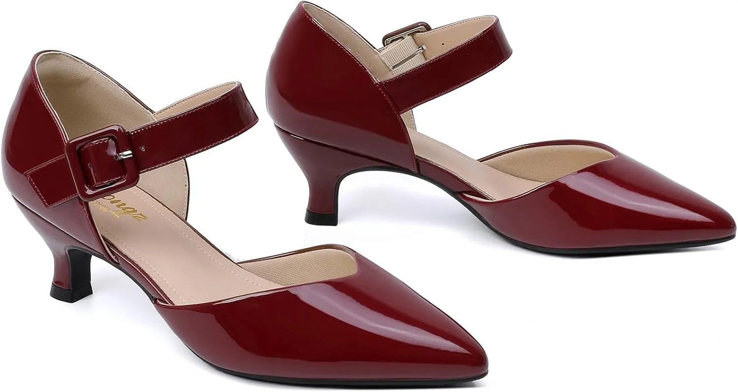 RIBONGZ Comfortable Kitten Heels for Women Pointed Closed Toe Ankle Strap Buckle Heels Slip on Low Heel Church Pumps Wedding Bridal Party Dressy Shoes
