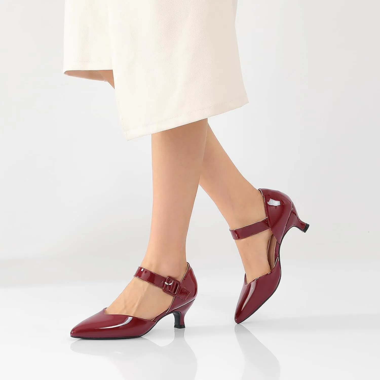 RIBONGZ Comfortable Kitten Heels for Women Pointed Closed Toe Ankle Strap Buckle Heels Slip on Low Heel Church Pumps Wedding Bridal Party Dressy Shoes