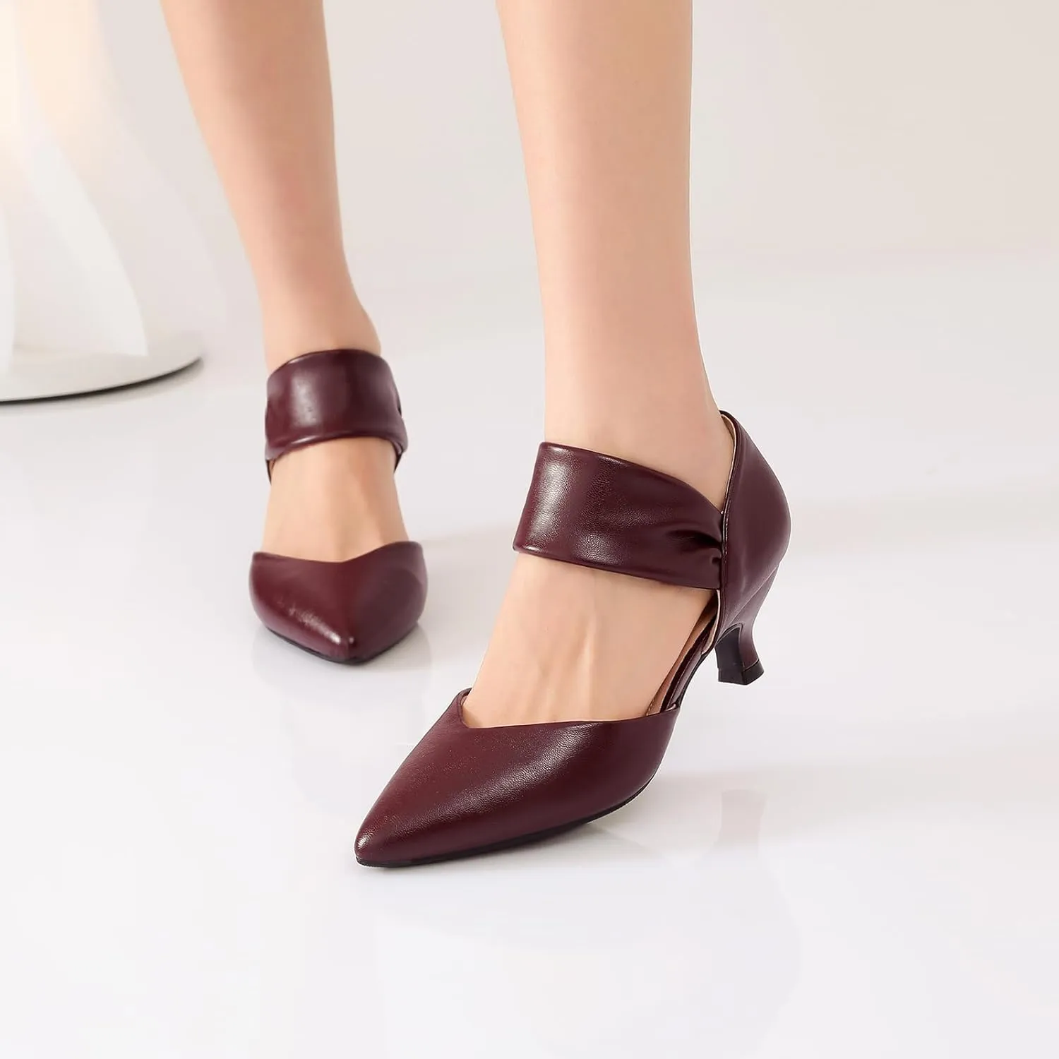 RIBONGZ Kitten Heels for Women Closed Toe Comfortable Low Heels Pointed Toe Sexy Slip on Pumps Bridal Party Dressy Shoes