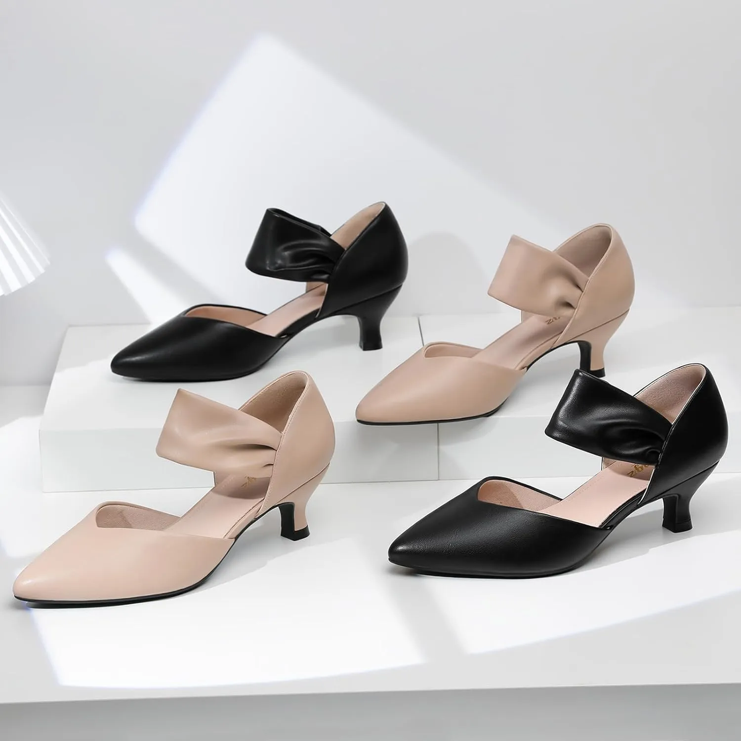 RIBONGZ Kitten Heels for Women Closed Toe Comfortable Low Heels Pointed Toe Sexy Slip on Pumps Bridal Party Dressy Shoes