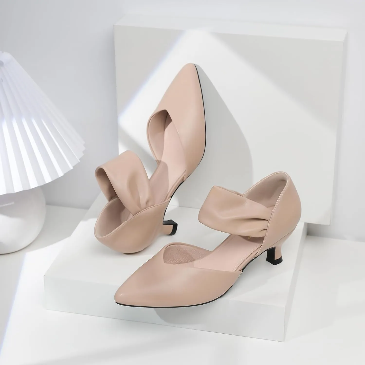 RIBONGZ Kitten Heels for Women Closed Toe Comfortable Low Heels Pointed Toe Sexy Slip on Pumps Bridal Party Dressy Shoes