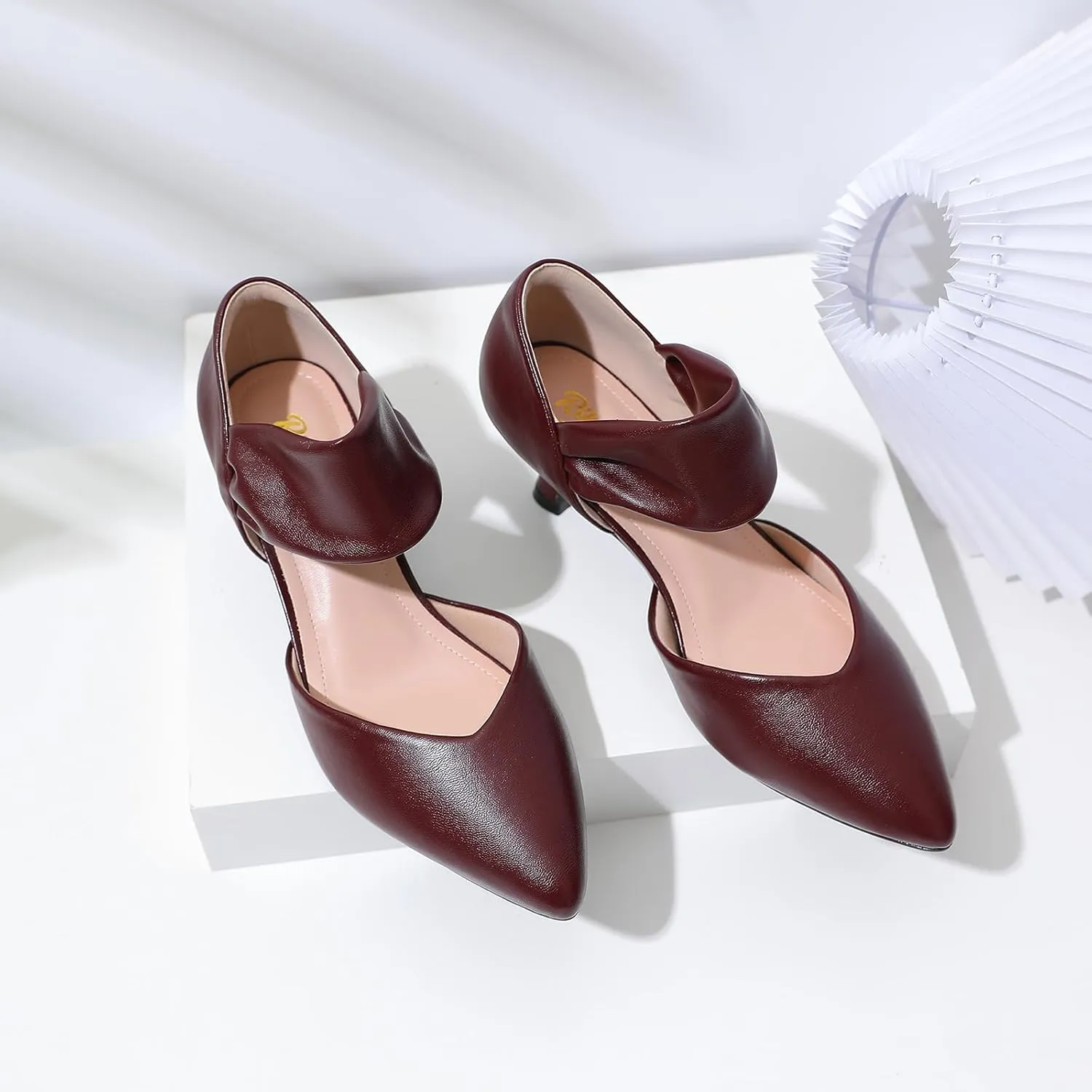 RIBONGZ Kitten Heels for Women Closed Toe Comfortable Low Heels Pointed Toe Sexy Slip on Pumps Bridal Party Dressy Shoes