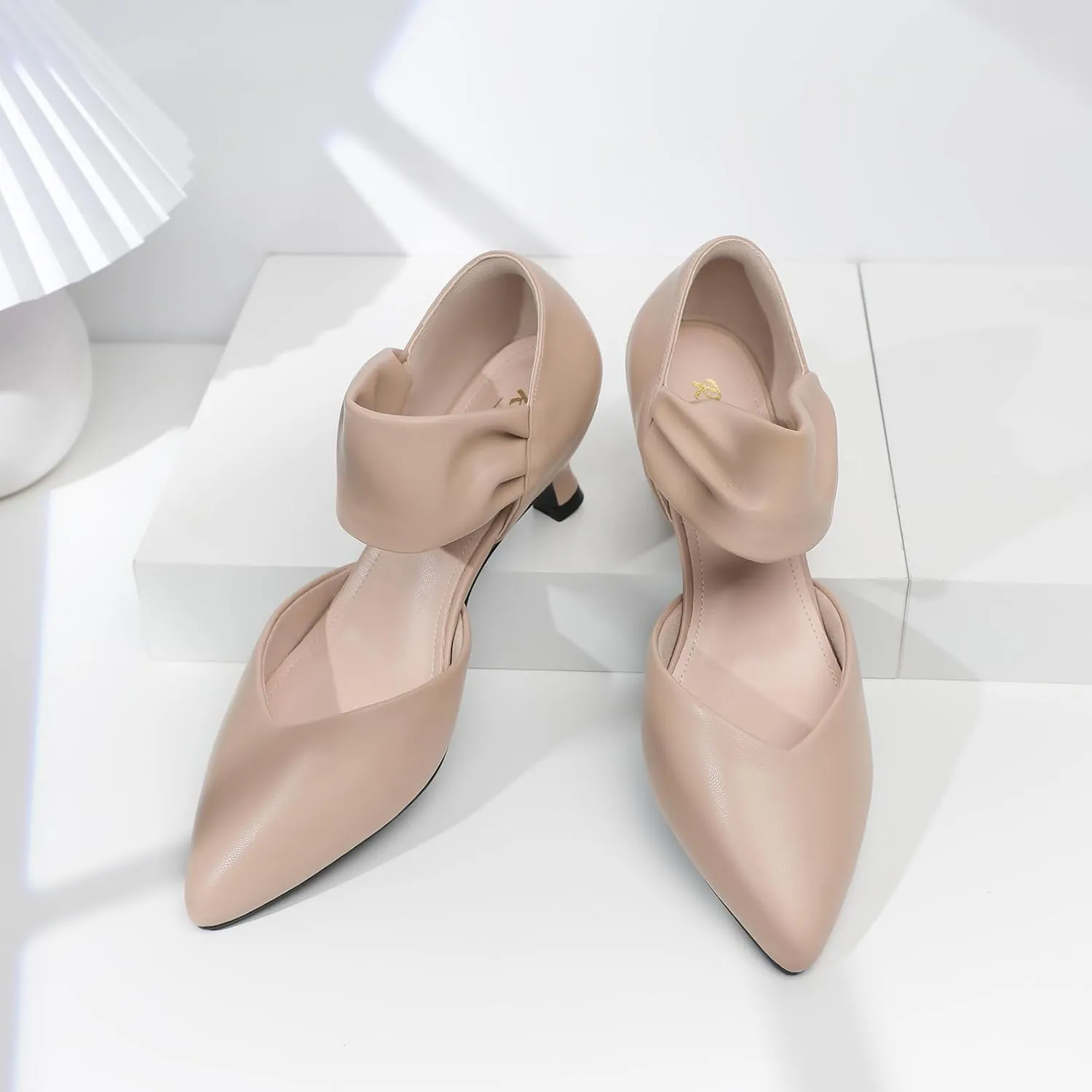 RIBONGZ Kitten Heels for Women Closed Toe Comfortable Low Heels Pointed Toe Sexy Slip on Pumps Bridal Party Dressy Shoes