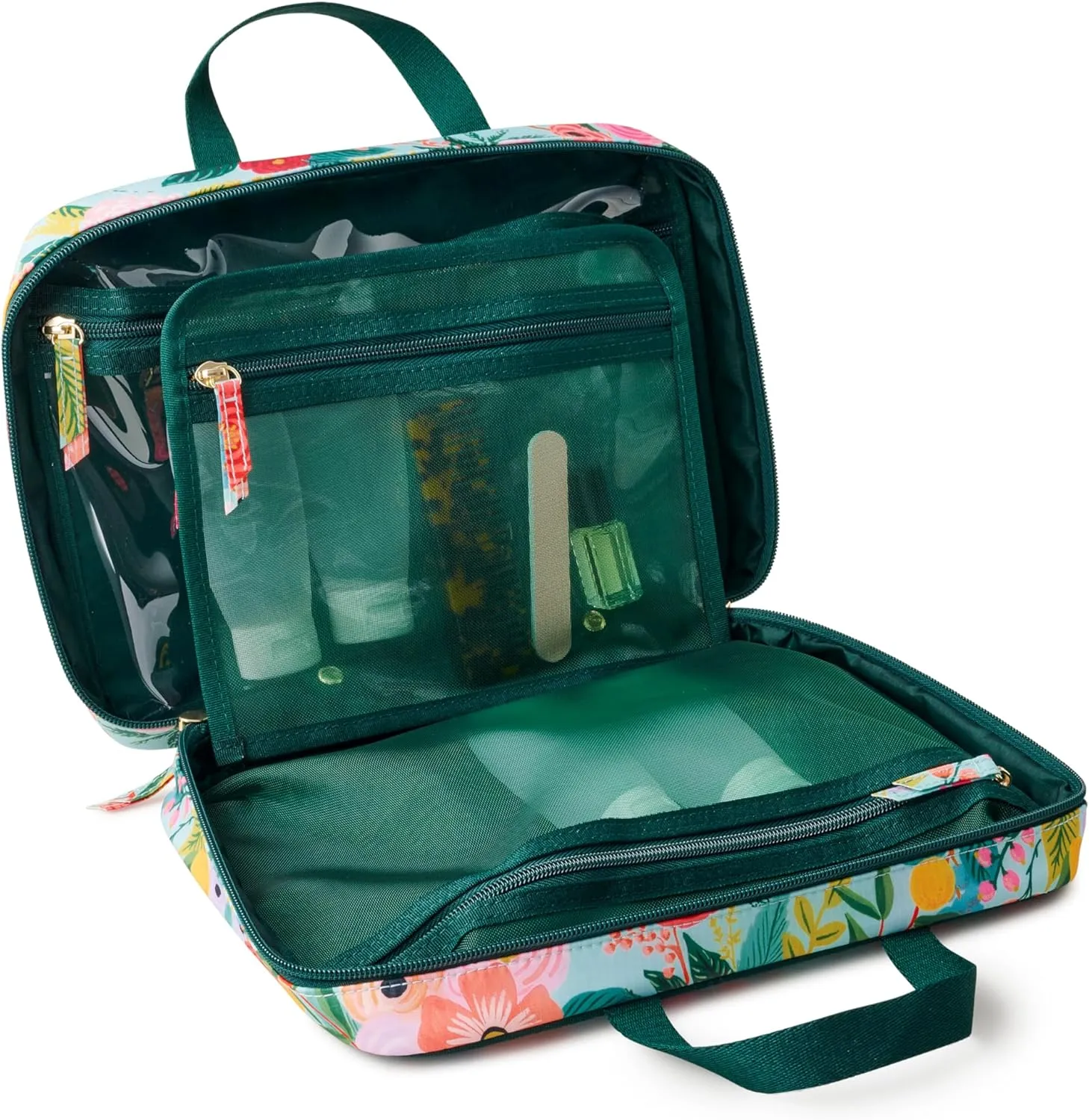 RIFLE PAPER CO. Travel Toiletry and Cosmetic Case | Multi Pocket Makeup Organizer Bag, Zipper Closure, Removable Clear Pouch, Lay Flat Design | Garden Party Pattern