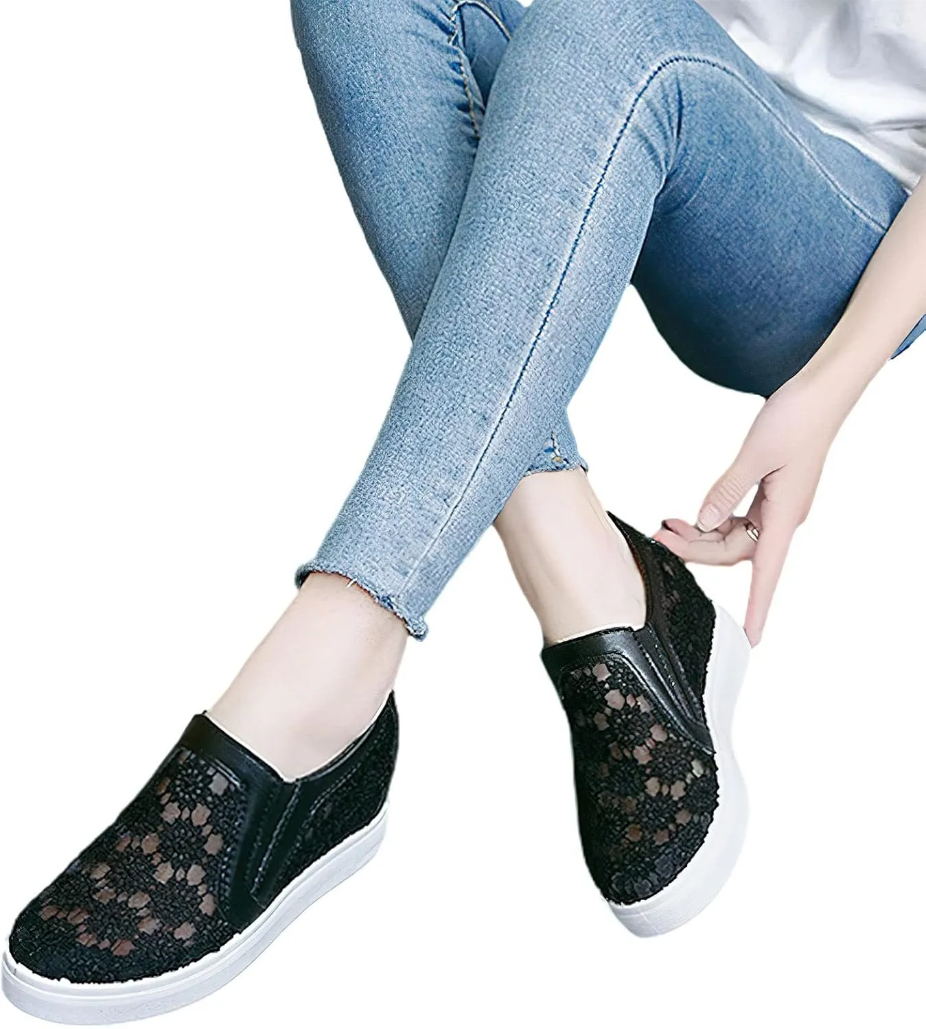 rismart Women's Slip-On Wedge Sneakers Flower Mesh Round Toe Comfortable Casual Workout Walking Shoes