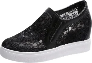 rismart Women's Slip-On Wedge Sneakers Flower Mesh Round Toe Comfortable Casual Workout Walking Shoes