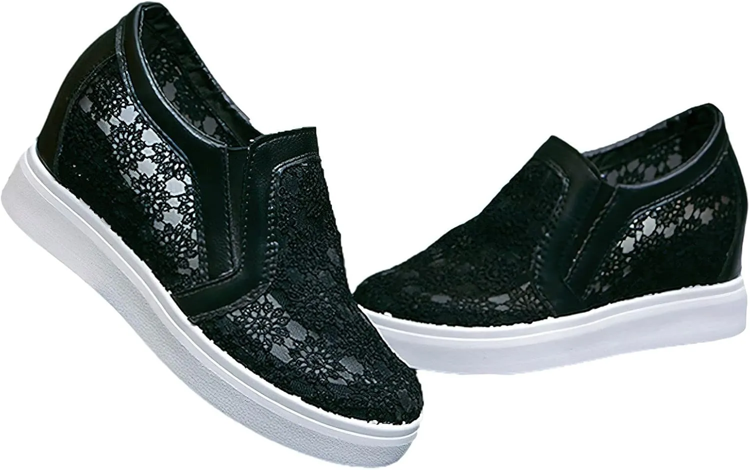 rismart Women's Slip-On Wedge Sneakers Flower Mesh Round Toe Comfortable Casual Workout Walking Shoes