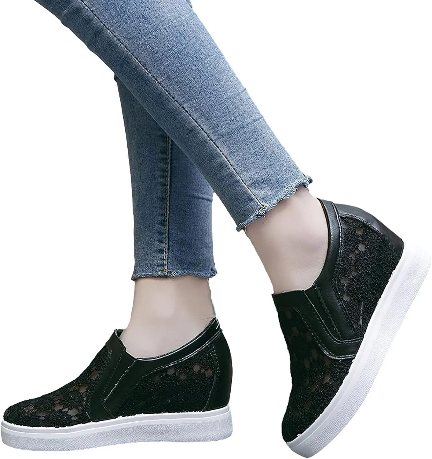 rismart Women's Slip-On Wedge Sneakers Flower Mesh Round Toe Comfortable Casual Workout Walking Shoes