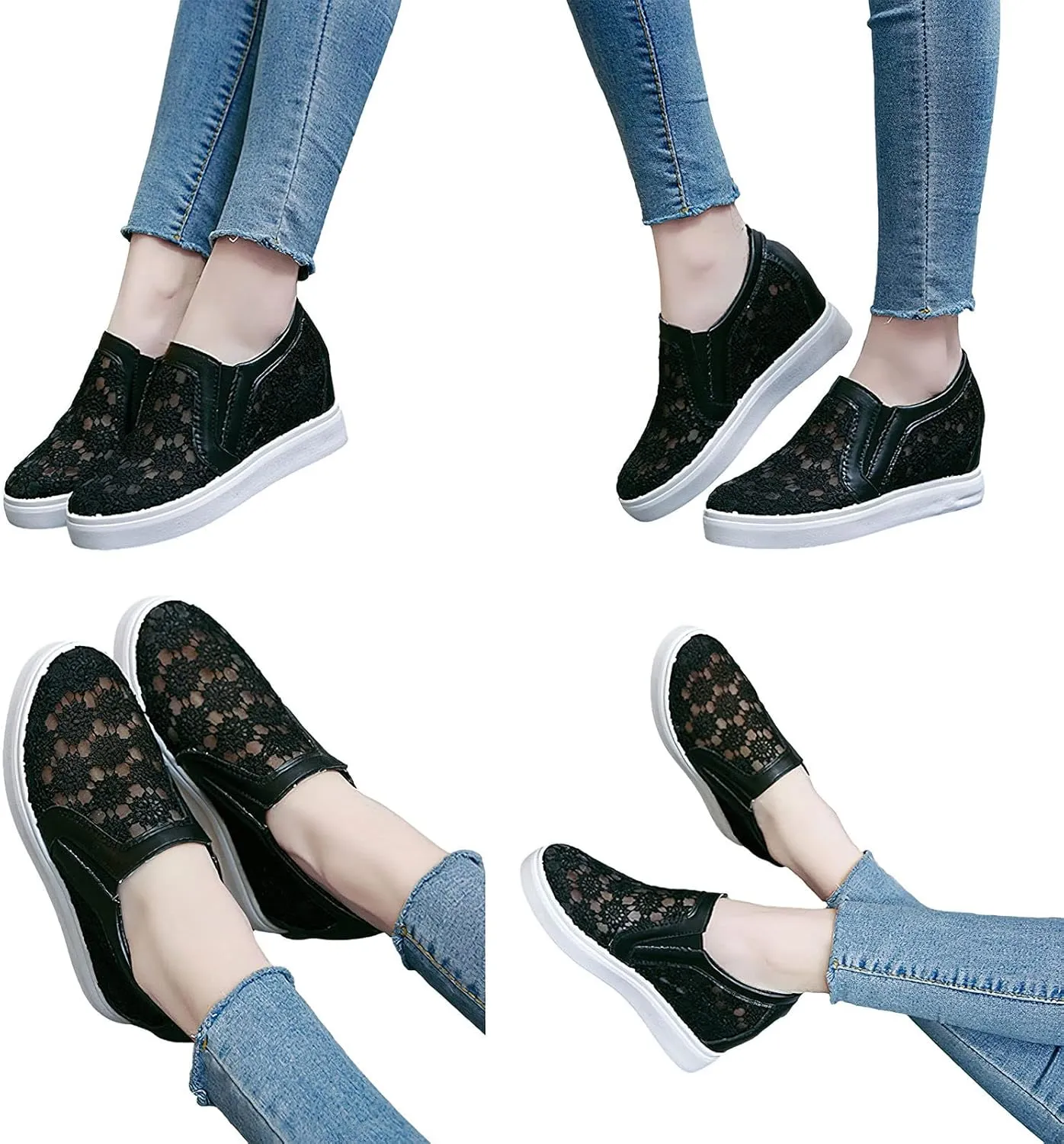 rismart Women's Slip-On Wedge Sneakers Flower Mesh Round Toe Comfortable Casual Workout Walking Shoes