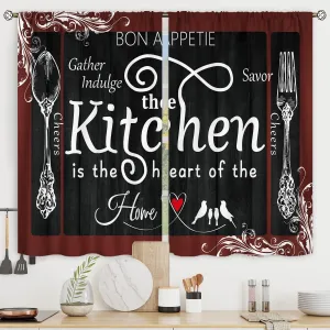 Riyidecor Burgundy Black Kitchen Curtains Short Small Fork and Spoon Rustic Kitchenware Retro Vintage Rod Pocket Modern Funny Quotes Bedroom Living Room Treatment Fabric 2 Panels 27.5Wx39H Inch