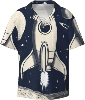Rocket in Space Print Men's Short Sleeve Shirts Casual Lightweight Button Down Shirts Vacation Beach Summer Tops