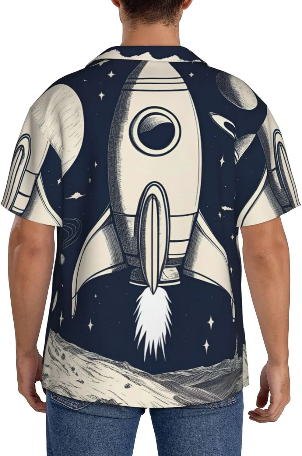 Rocket in Space Print Men's Short Sleeve Shirts Casual Lightweight Button Down Shirts Vacation Beach Summer Tops