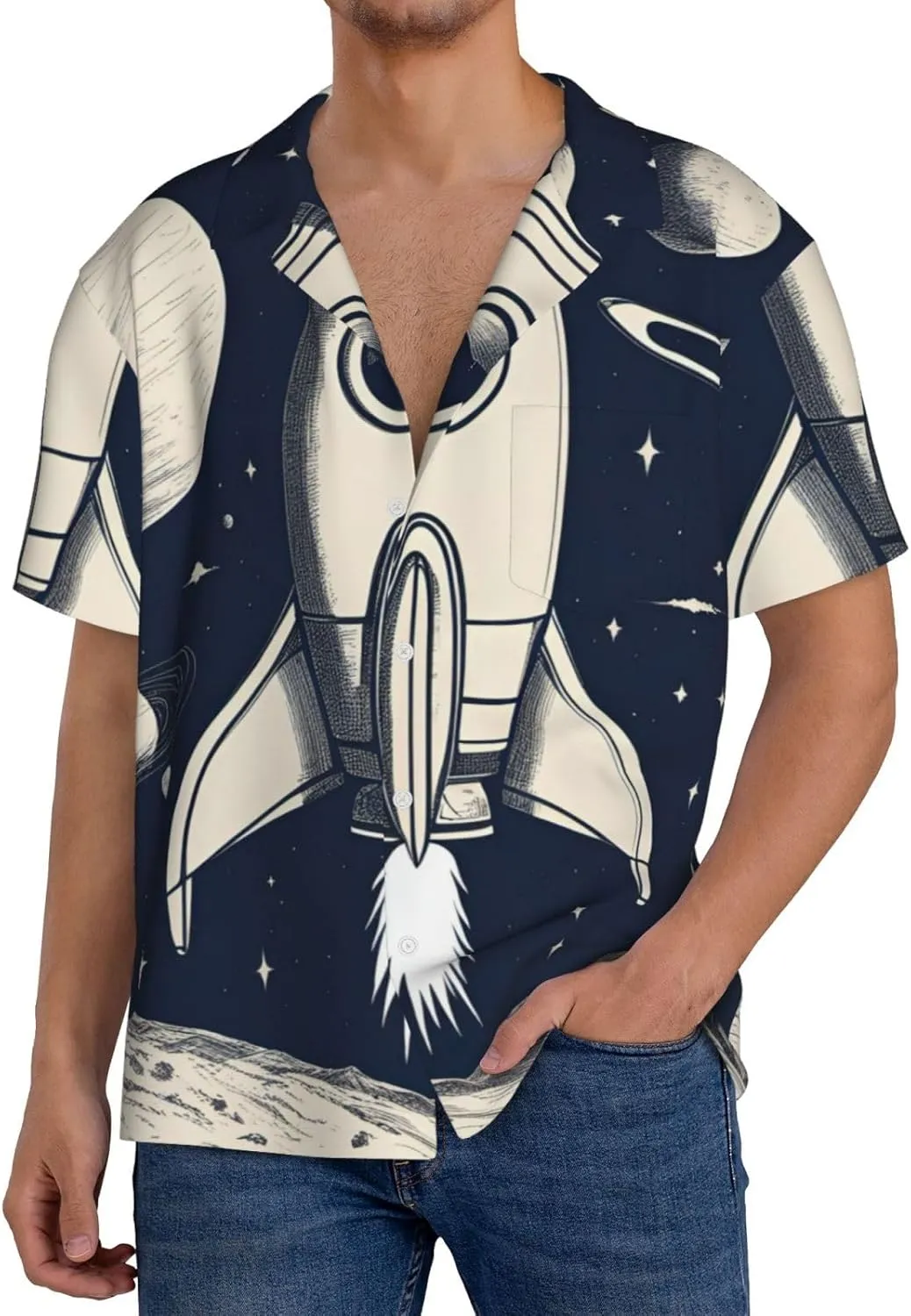 Rocket in Space Print Men's Short Sleeve Shirts Casual Lightweight Button Down Shirts Vacation Beach Summer Tops
