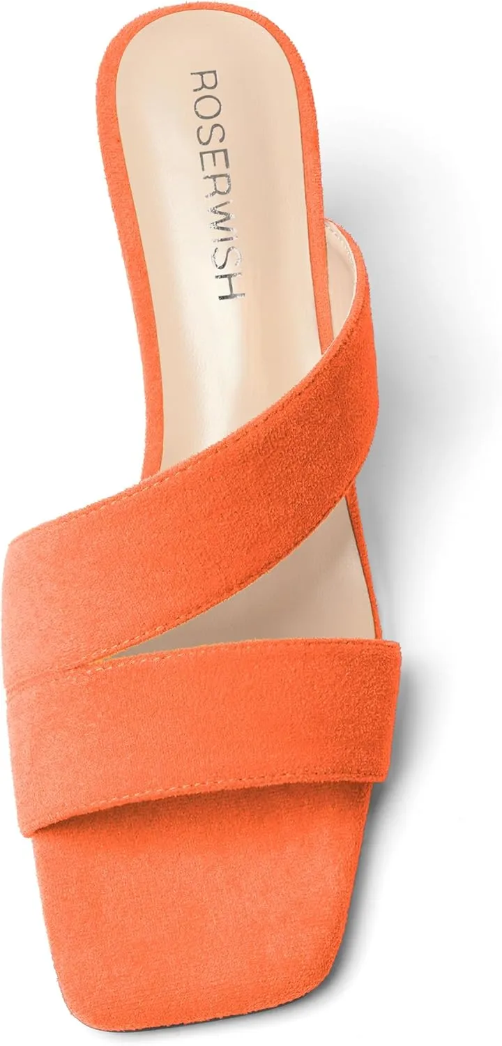 ROSERWISH Womens Open Toe Comfortable Suede Dating Slip On Casual Block Mid Heel Heeled Sandals 2.5 Inch