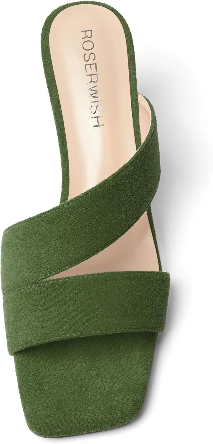 ROSERWISH Womens Open Toe Comfortable Suede Dating Slip On Casual Block Mid Heel Heeled Sandals 2.5 Inch
