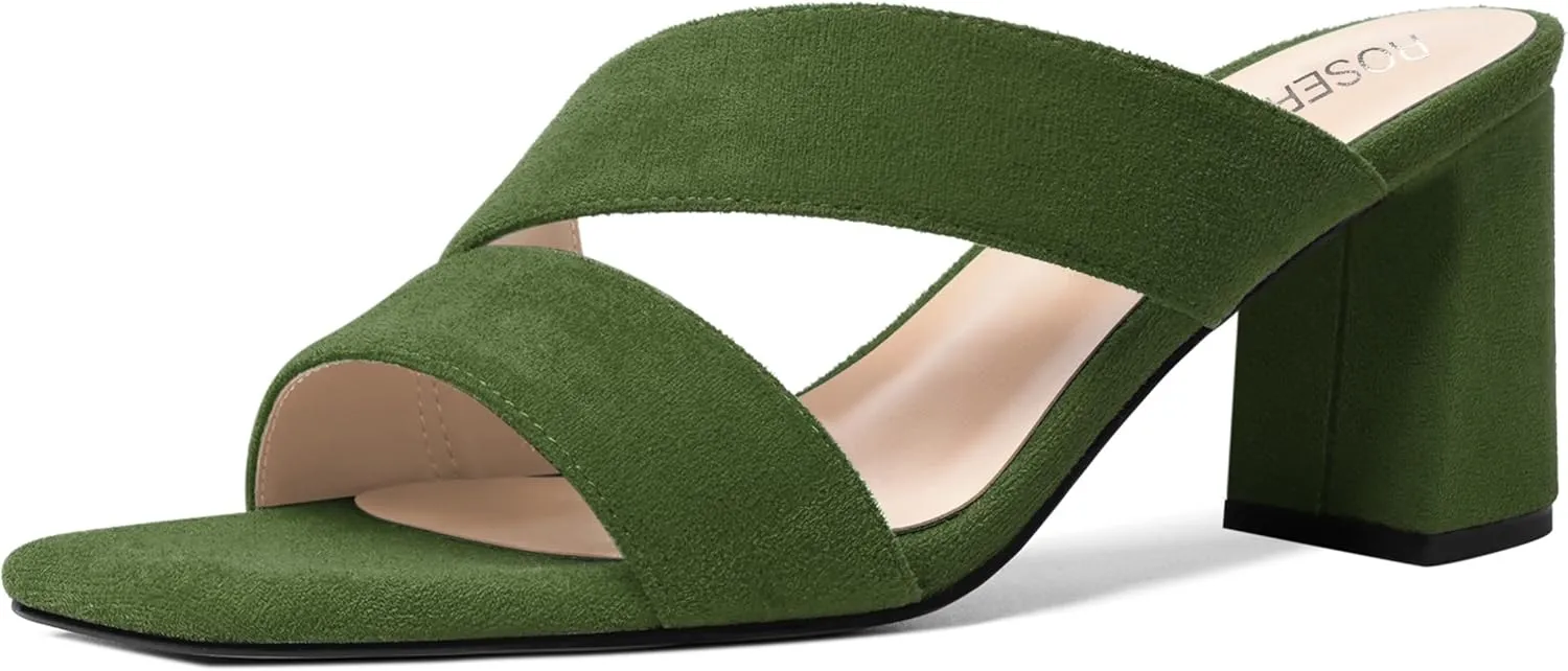 ROSERWISH Womens Open Toe Comfortable Suede Dating Slip On Casual Block Mid Heel Heeled Sandals 2.5 Inch