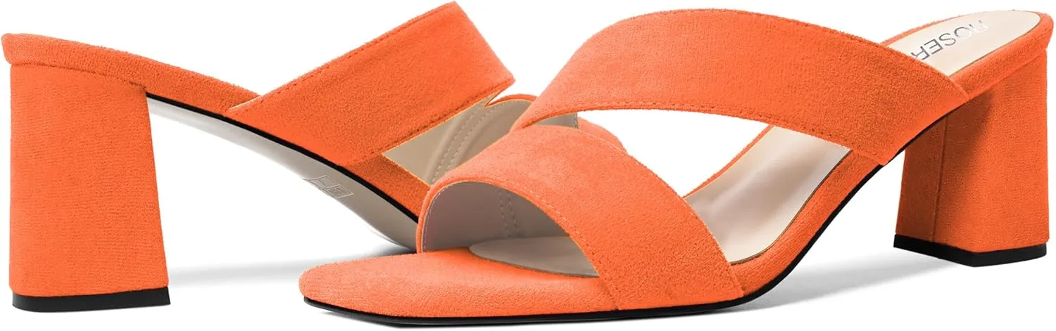ROSERWISH Womens Open Toe Comfortable Suede Dating Slip On Casual Block Mid Heel Heeled Sandals 2.5 Inch