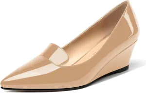 ROSERWISH Womens Patent Comfortable Casual Slip On Office Pointed Toe Wedge Low Heel Pumps Dress Shoes 2 Inch