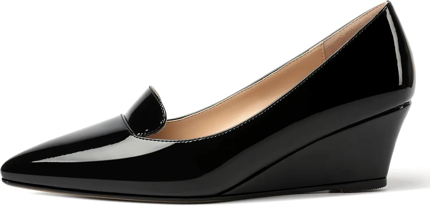 ROSERWISH Womens Patent Comfortable Casual Slip On Office Pointed Toe Wedge Low Heel Pumps Dress Shoes 2 Inch