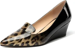 ROSERWISH Womens Patent Comfortable Casual Slip On Office Pointed Toe Wedge Low Heel Pumps Dress Shoes 2 Inch