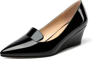 ROSERWISH Womens Patent Comfortable Casual Slip On Office Pointed Toe Wedge Low Heel Pumps Dress Shoes 2 Inch