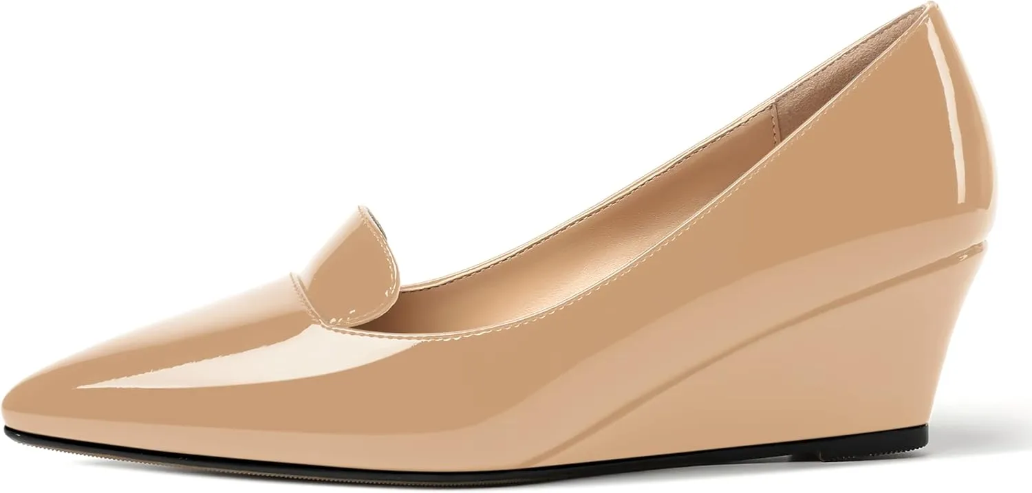 ROSERWISH Womens Patent Comfortable Casual Slip On Office Pointed Toe Wedge Low Heel Pumps Dress Shoes 2 Inch