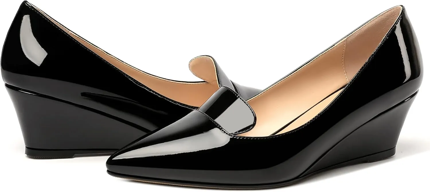 ROSERWISH Womens Patent Comfortable Casual Slip On Office Pointed Toe Wedge Low Heel Pumps Dress Shoes 2 Inch