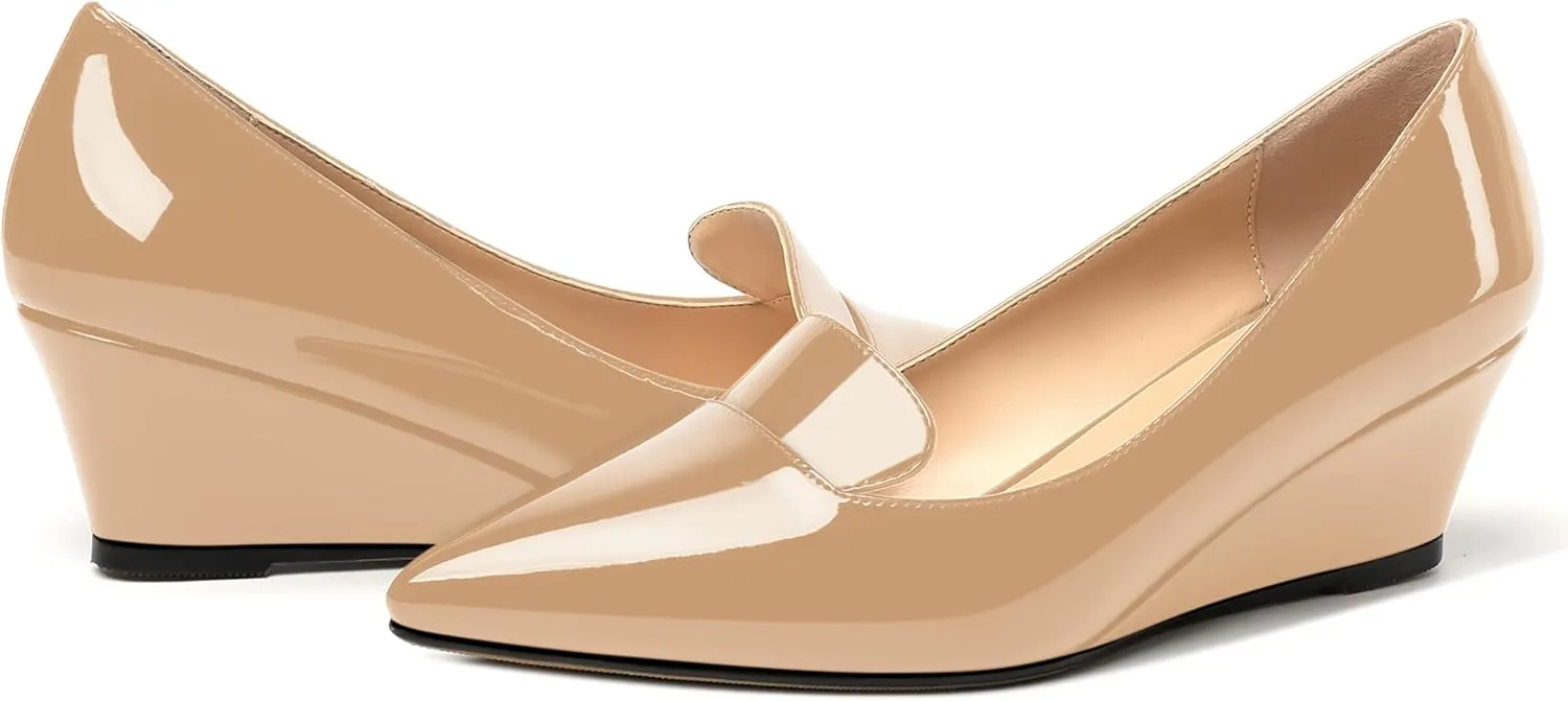 ROSERWISH Womens Patent Comfortable Casual Slip On Office Pointed Toe Wedge Low Heel Pumps Dress Shoes 2 Inch