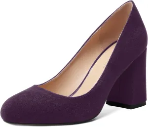 ROSERWISH Womens Round Toe Suede Party Dress Slip On Comfortable Block High Heel Pumps Shoes 3.3 Inch