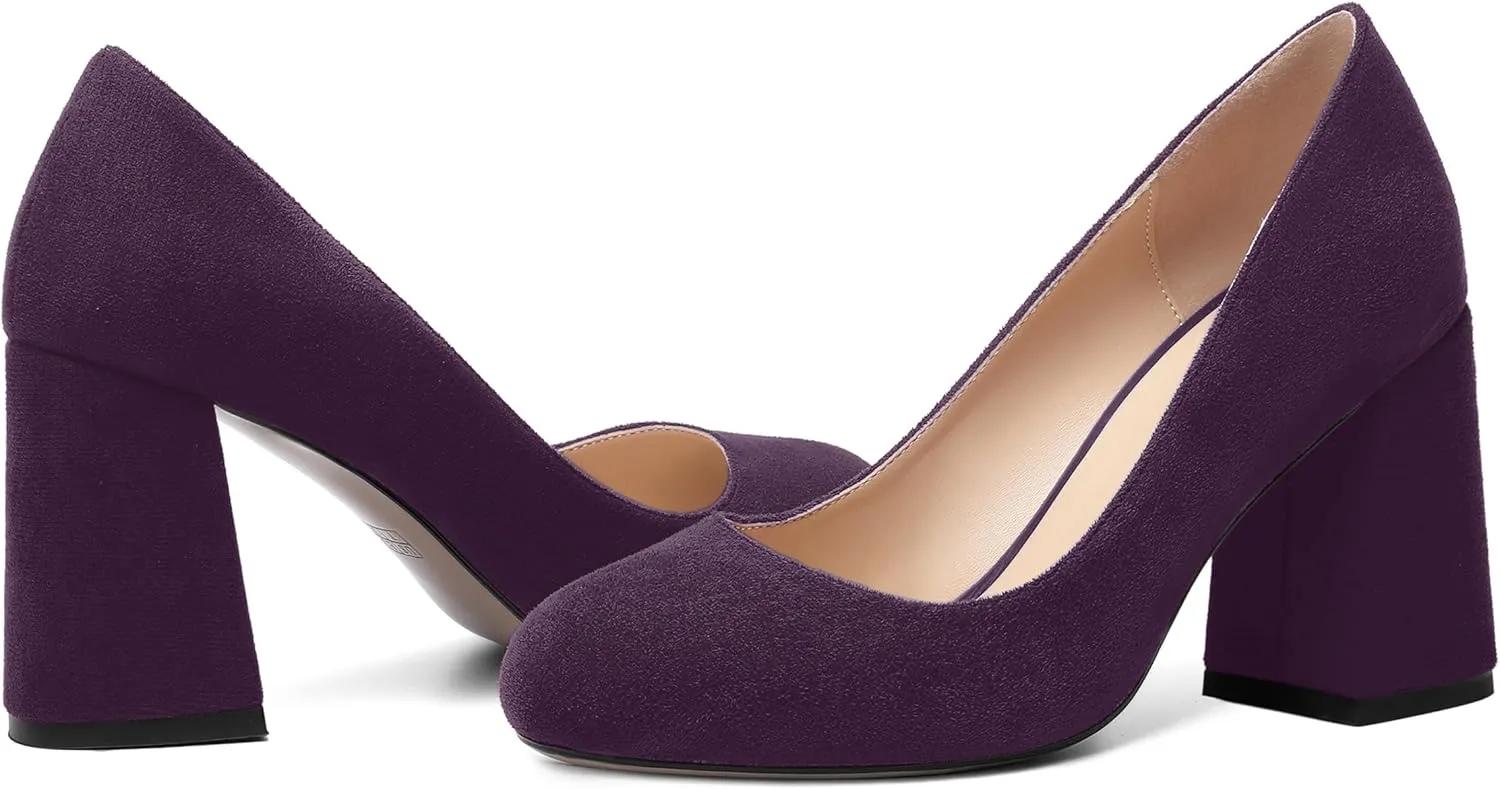 ROSERWISH Womens Round Toe Suede Party Dress Slip On Comfortable Block High Heel Pumps Shoes 3.3 Inch