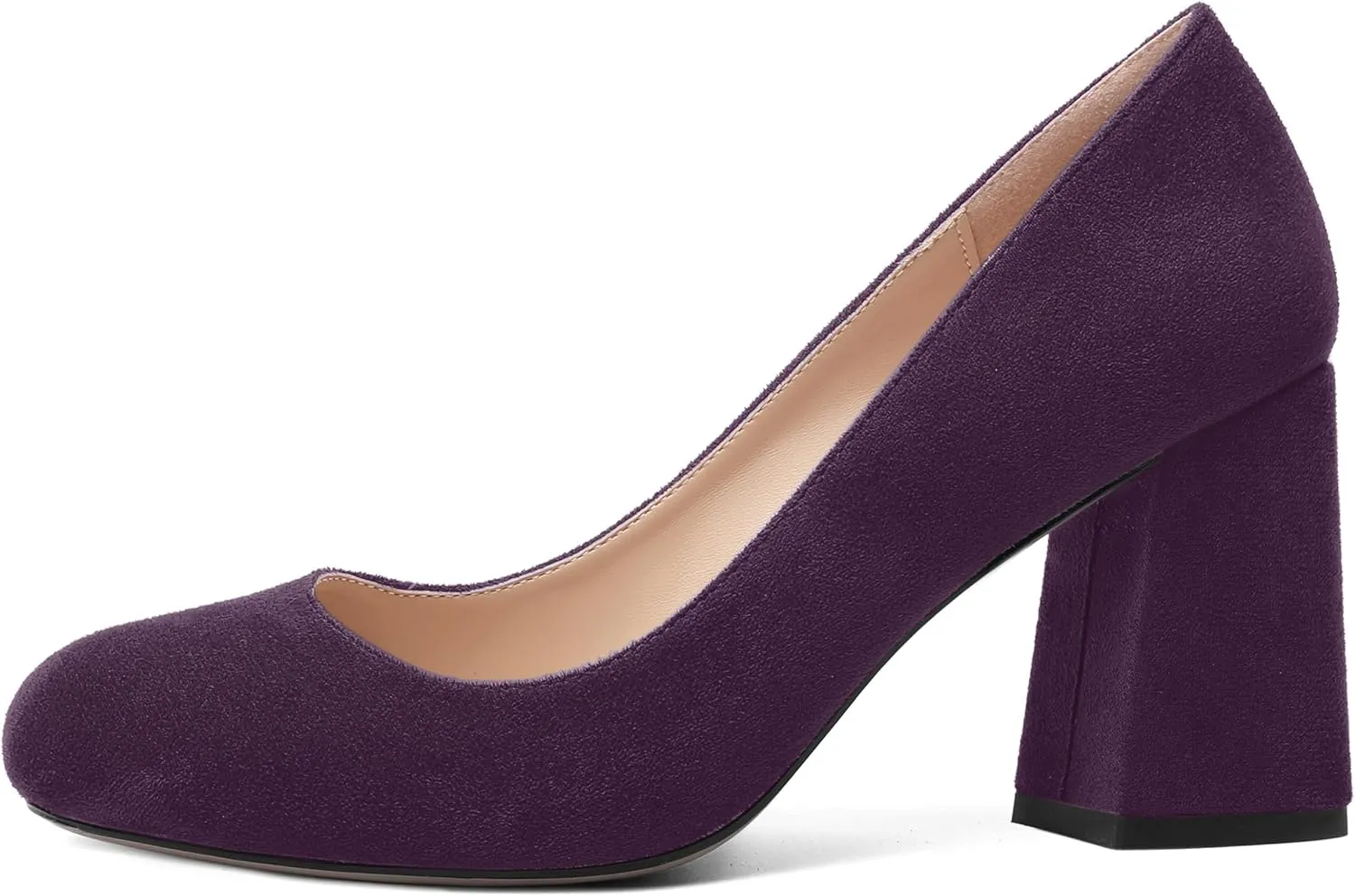 ROSERWISH Womens Round Toe Suede Party Dress Slip On Comfortable Block High Heel Pumps Shoes 3.3 Inch