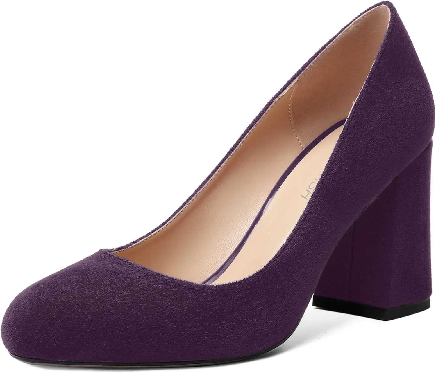 ROSERWISH Womens Round Toe Suede Party Dress Slip On Comfortable Block High Heel Pumps Shoes 3.3 Inch