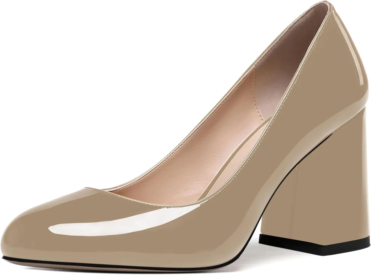 ROSERWISH Womens Wedding Patent Slip On Round Toe Comfortable Fashion Block High Heel Pumps Shoes 3.3 Inch
