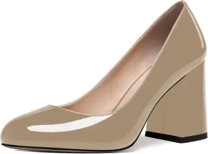 ROSERWISH Womens Wedding Patent Slip On Round Toe Comfortable Fashion Block High Heel Pumps Shoes 3.3 Inch