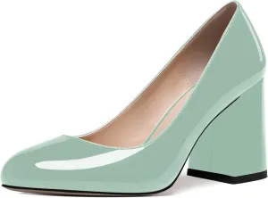 ROSERWISH Womens Wedding Patent Slip On Round Toe Comfortable Fashion Block High Heel Pumps Shoes 3.3 Inch