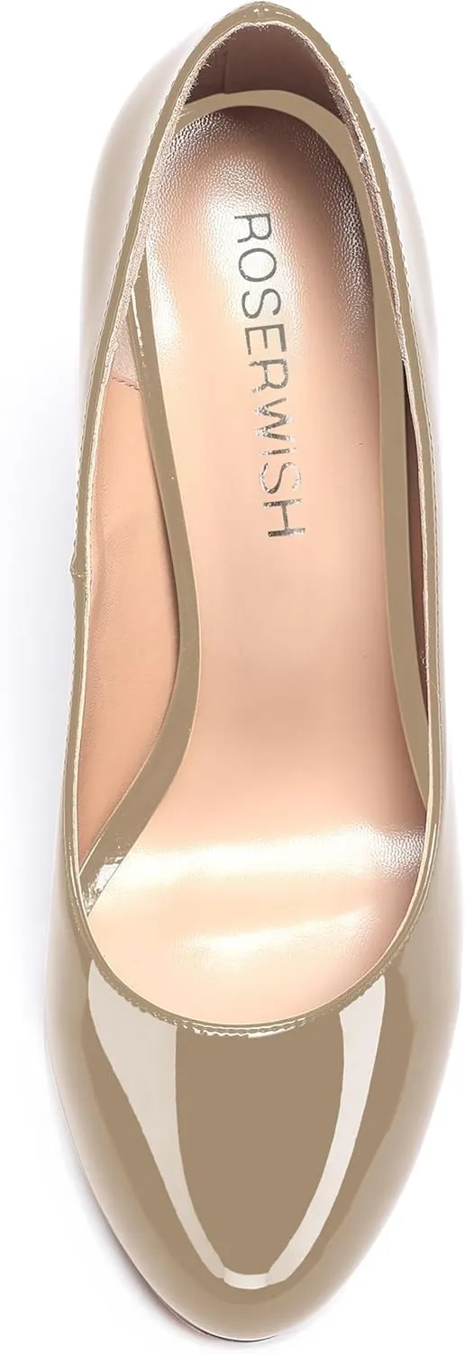 ROSERWISH Womens Wedding Patent Slip On Round Toe Comfortable Fashion Block High Heel Pumps Shoes 3.3 Inch