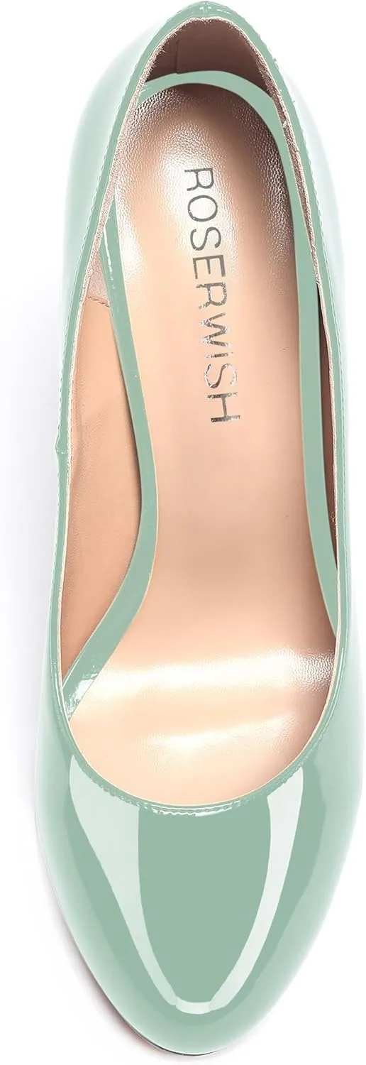 ROSERWISH Womens Wedding Patent Slip On Round Toe Comfortable Fashion Block High Heel Pumps Shoes 3.3 Inch