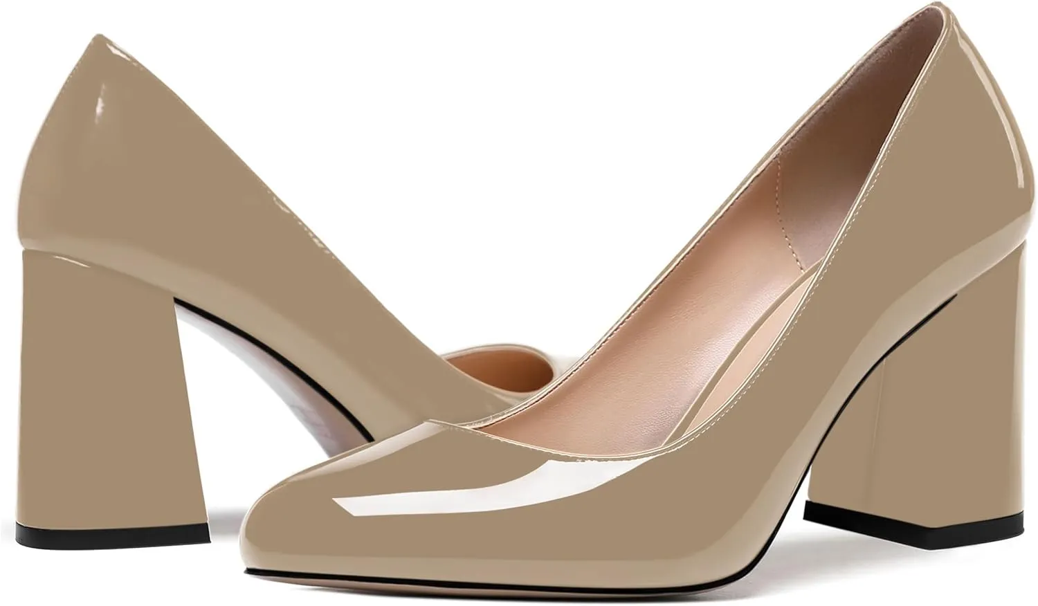 ROSERWISH Womens Wedding Patent Slip On Round Toe Comfortable Fashion Block High Heel Pumps Shoes 3.3 Inch