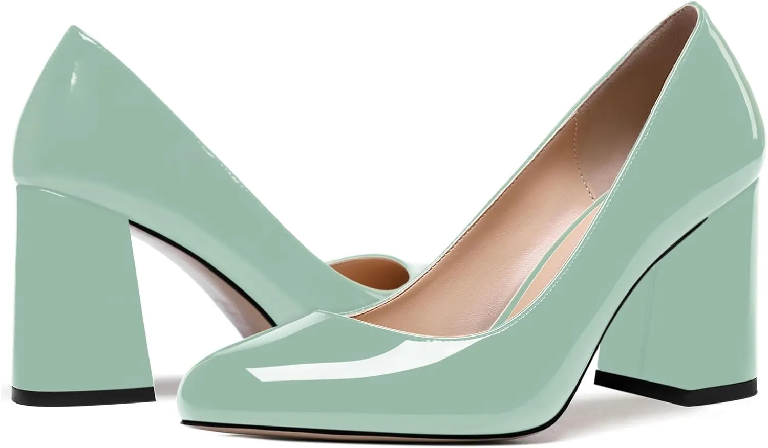 ROSERWISH Womens Wedding Patent Slip On Round Toe Comfortable Fashion Block High Heel Pumps Shoes 3.3 Inch