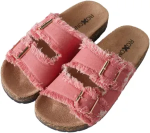 Roxoni Women's Comfort Flat Sandals Double Buckle Adjustable Straps Flat Slides Footbed Suede
