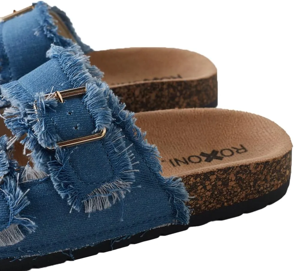 Roxoni Women's Comfort Flat Sandals Double Buckle Adjustable Straps Flat Slides Footbed Suede